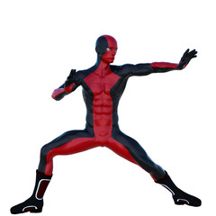 young strong man in a red and black super suit. Stands in a fighting pose