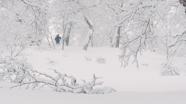 Skier With Blue Jacket Skiing Down a Mountain In Fresh Powder Snow - Winter in Hokkaido, Japan