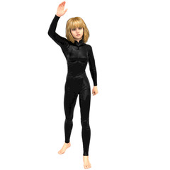 one teenage girl in a black super suit. Raised her right hand in greeting