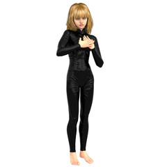 one teenage girl in a black super suit. Keeps hands close to heart