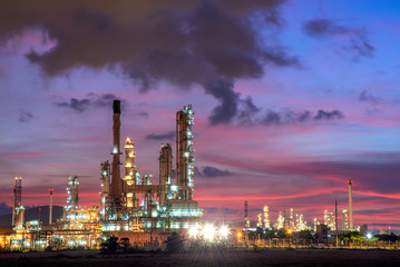 Overall view of an oil and gas refinery, pipelines and towers, heavy industry