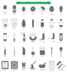 Medicine form icons set for pharmacy and medical.