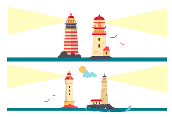 Vector set of lighthouses. Cartoon lighthouse with light beams. Design elements and icons in flat style isolated
