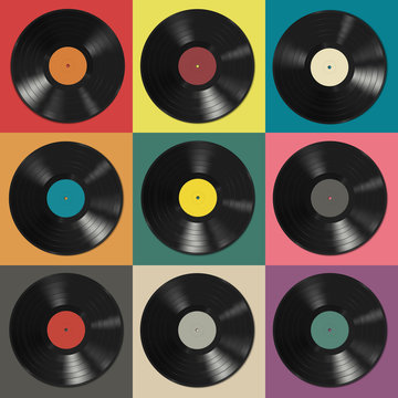 Vinyl records with colorful labels