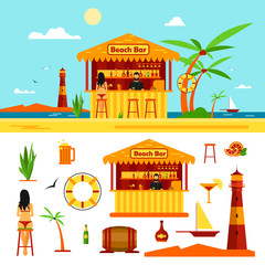 Woman in bikini sit in bar on a beach. Summer vacation concept. Vector illustration in flat style. Design elements and icons