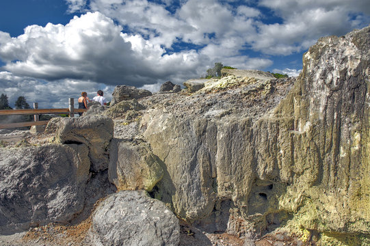Sulfur from Whakarewarewa Geyser at Te Puia thermal park in geothermal valley of Rotorua, New Zealand