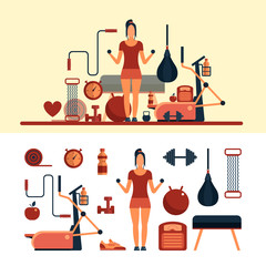 Fitness sport objects isolated on white background. Vector design elements and icons. Gym equipment.