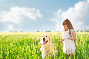 Little girl and big kind dog on the meadow