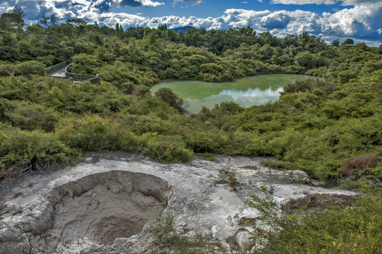 The bathing waters of Hatupatu near Whakarewarewa Geyser at Te Pui thermal park in geothermal valley of Rotorua, New Zealand