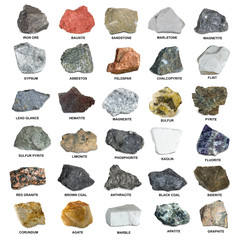 Set of isolated minerals and stones. Iron ore, sandstone, apatite, quartz, bauxite,  phosphorite, magnetite, gypsum, agate, asbestos, marble, corundum, kaolin, marlstone minerals.