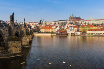 Prague castle and Charles bridge with Vltava river, Prague, Czech Republic