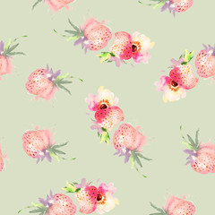 Strawberry flowers seamless pattern watercolor. Abstract graphic