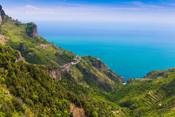 Fototapeta na wymiar Beautiful views from path of the gods with lemon tree fields, Amalfi coast, Campagnia region, Italy