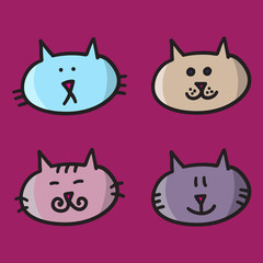 4 cats vector illustration icons colorful on violet background