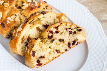 Fresh fruit bread slices ready to eat.