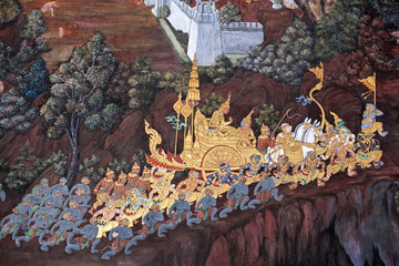 Scene from Ramakien at Wat Phra Kaew temple in Bangkok, Thailand