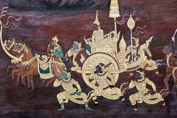 Obraz premium Scene from the Ramakien at Wat Phra Kaew temple in Bangkok, Thailand