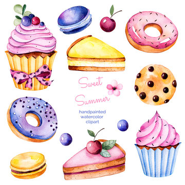 Sweet summer collection with donuts,berries,lemon and cherry cheesecakes, cherry,macaroons,tasty cupcakes,cookies.Colorful collection with 13 watercolor elements.Lovely sweet collection for you create