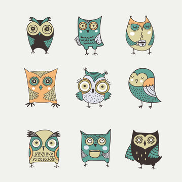 Cute, hand drawn owl vector watercolor illustrations
