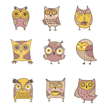 Cute, hand drawn owl vector watercolor illustrations