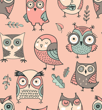 Cute, hand drawn owl pattern, vector watercolor illustrations