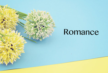 Romantic quote,word "ROMANCE" over colorful colored paper with artificial flower and decoration. Selective focus applied.