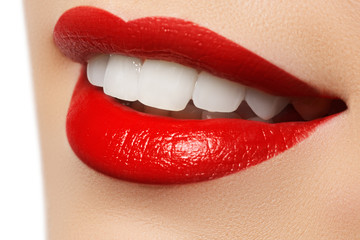 Perfect smile after bleaching. Dental care and whitening teeth. Stomatology and beauty care. Woman...