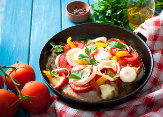 Pork baked with vegetables.