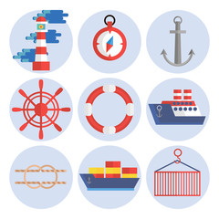 Sea port flat icons set