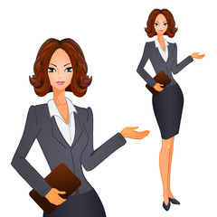 Cartoon business women with brown short hair on gray-blue suit. VECTOR illustration.