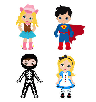 Happy Halloween. Funny little children in colorful costumes. Vector illustration. Icon.