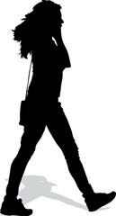 Vector silhouette of the walking girl with a handbag and mobile 