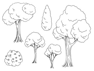 Tree graphic set black white illustration vector