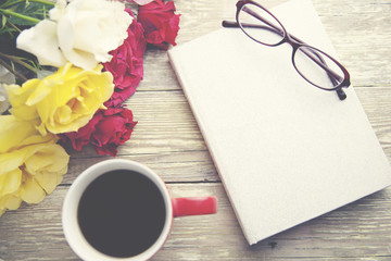 roses,coffee and book