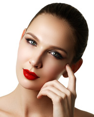 Beautiful fashion woman model face portrait with red lipstick