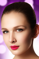 Fototapeta premium Portrait of elegant woman with pink lips. Beautiful young model