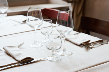 Wine glasses on restaurant table