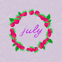 illustration with the image of july lettering in the frame of raspberries against the background
