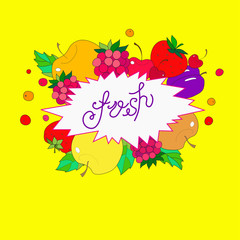 image lettering fresh in the frame from fruits, berries and leaves on a bright yellow background