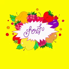 Fotobehang image lettering fresh in the frame from fruits, berries and leaves on a bright yellow background © Margosoleil