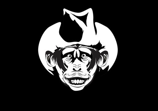 Apes head with cowboy hat, monochrome illustration isolated on black.