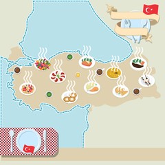 Turkey map with national food. The symbols of turkish kitchen.