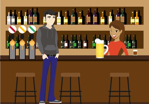 Beer Bar with bargirl and client with beer glass