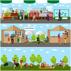 Vector set of street food festival concept banners. People camping in a park