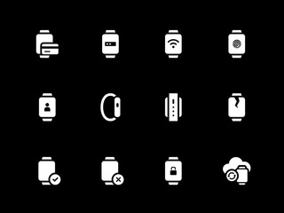 Fingerprint id and payment in smart watch icons on black background.
