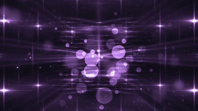 Moving gloss particles on violet background. Flood lights disco background magenta with rays and particles.  Beautiful disco background. Seamless loop.