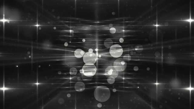 Moving gloss particles on silver background. Flood lights disco background grey with rays and particles.  Beautiful disco background. Seamless loop.