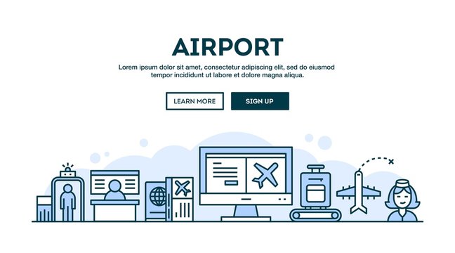 Airport, concept header, flat design thin line style