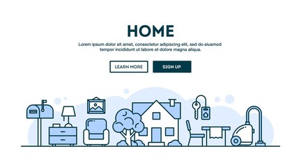 House, home, interior, concept header, flat design thin line style
