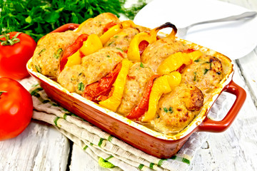 Cutlets of turkey with peppers in pan on napkin